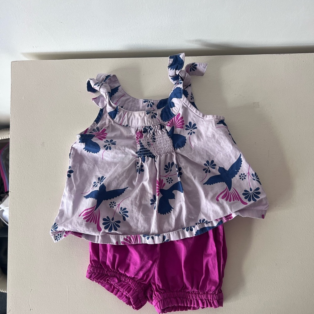 Tea Collection Purple Baby Shirt, Bird and Floral Design and pink shorts 6-9 m